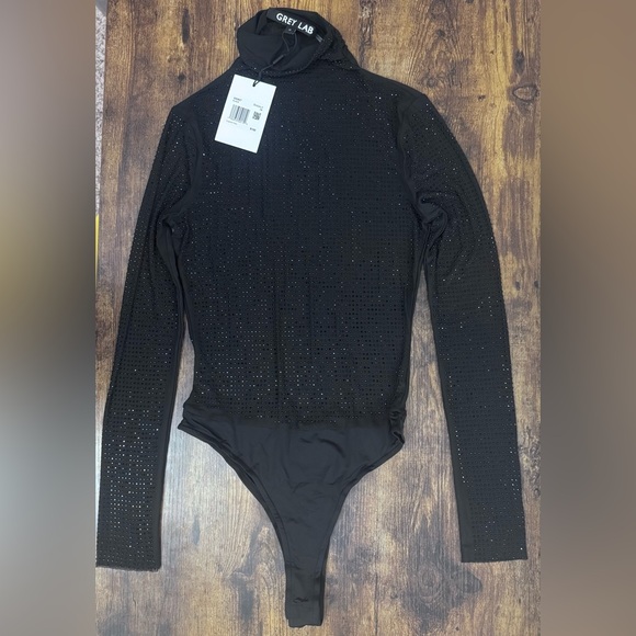 Grey Lab Rhinestone Black Mesh Bodysuit Size XS (stretchy) NWT - Picture 3 of 12